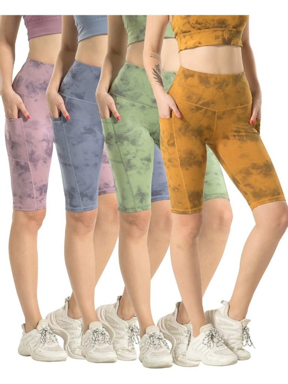 WHOUARE 4 Pack Biker Yoga Shorts with Pockets for Women,High Waisted Athletic